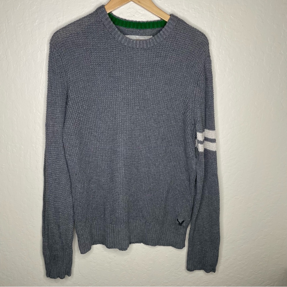 American Eagle Outfitters Men’s Sz L No.77 Grey Striped Sweater Waffle Knit Y2K